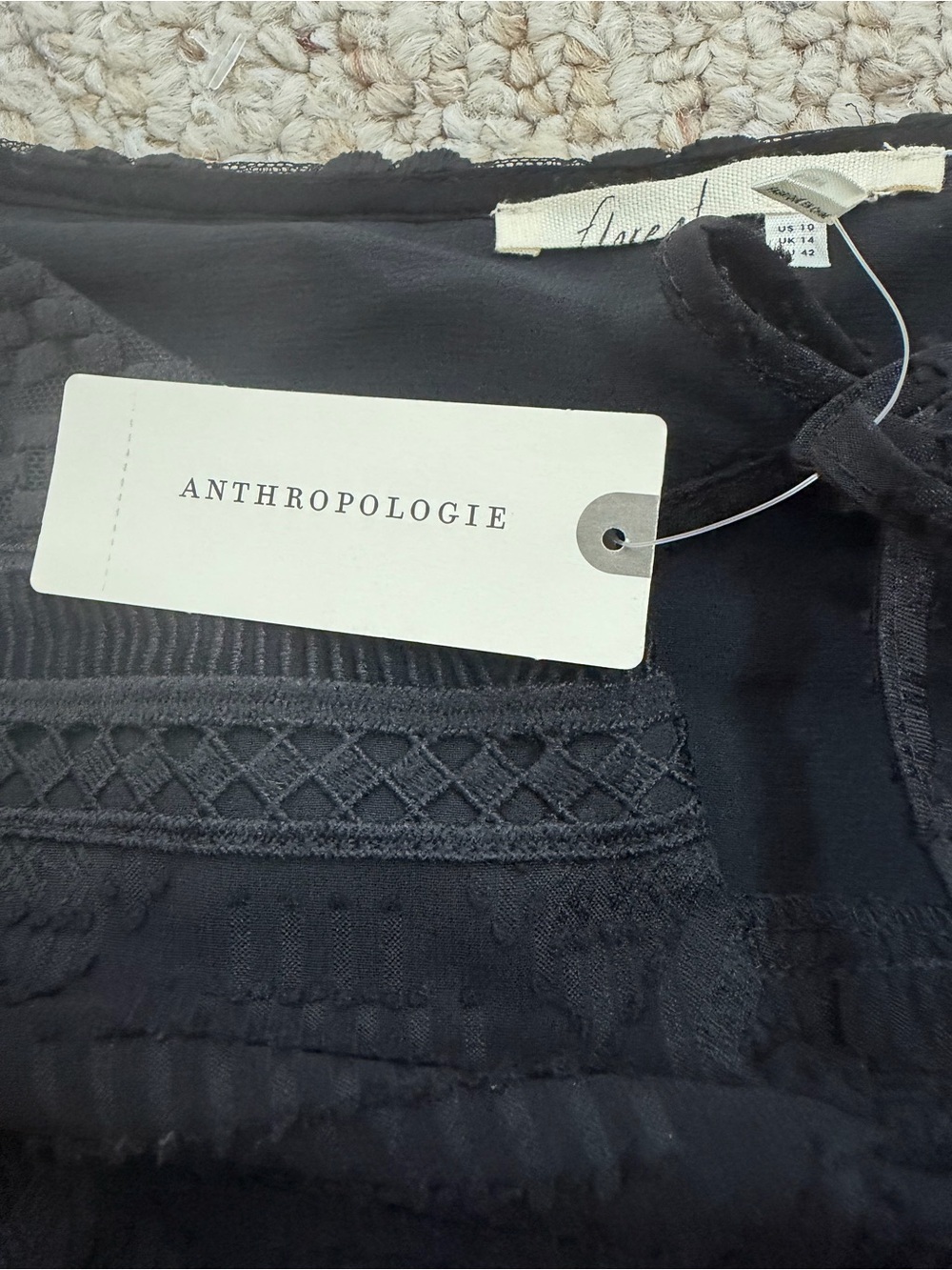 Floreat Anthropologie Black Crochet-Trim Tie-Neck Blouse size 10 new with tag - Picture 7 of 7